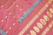 Banarasi katan pure silk saree in onion pink with stripes & floral motifs in gold.