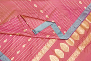 Banarasi katan pure silk saree in onion pink with stripes & floral motifs in gold.
