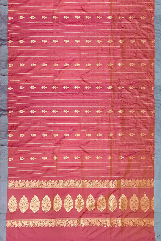 Banarasi katan pure silk saree in onion pink with stripes & floral motifs in gold.