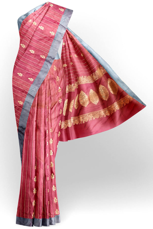 Banarasi katan pure silk saree in onion pink with stripes & floral motifs in gold.
