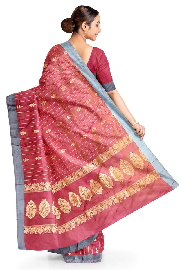 Banarasi katan pure silk saree in onion pink with stripes & floral motifs in gold.