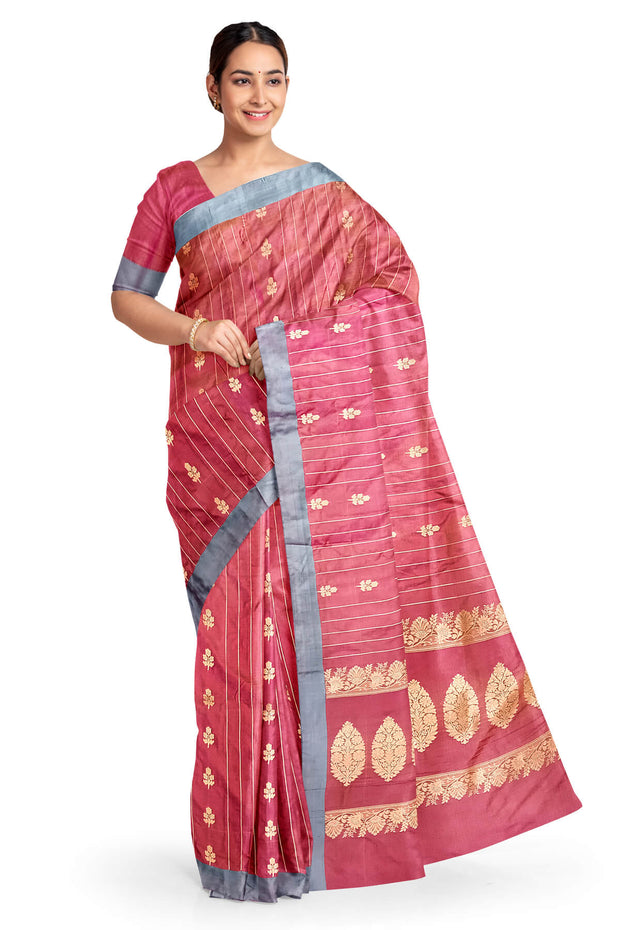 Banarasi katan pure silk saree in onion pink with stripes & floral motifs in gold.