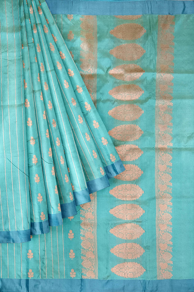 Banarasi katan pure silk saree in teal blue  with stripes & floral motifs in gold.