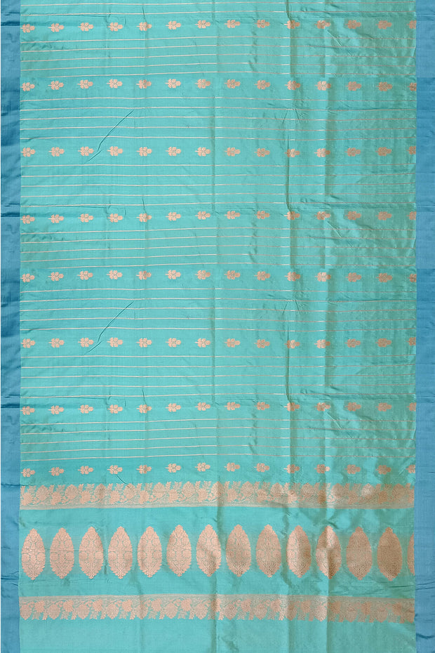 Banarasi katan pure silk saree in teal blue  with stripes & floral motifs in gold.