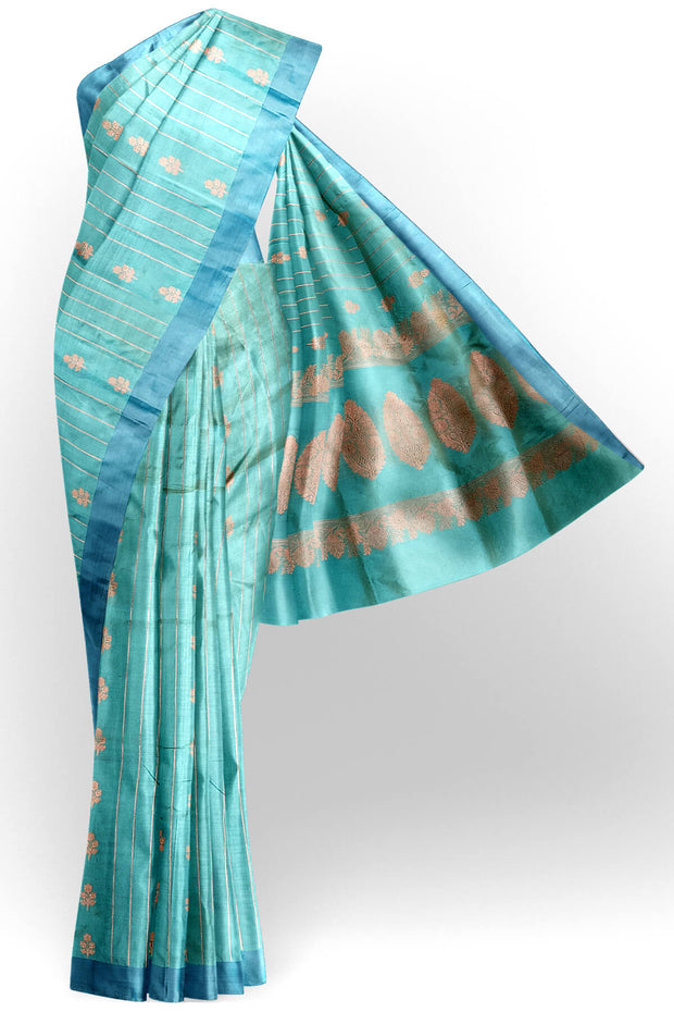 Banarasi katan pure silk saree in teal blue  with stripes & floral motifs in gold.