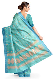 Banarasi katan pure silk saree in teal blue  with stripes & floral motifs in gold.