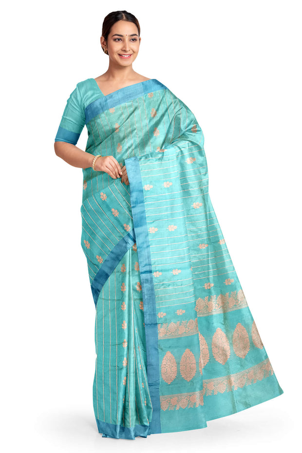 Banarasi katan pure silk saree in teal blue  with stripes & floral motifs in gold.