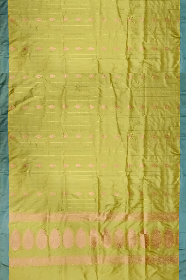 Banarasi katan pure silk saree in mehndi green  with stripes & floral motifs in gold.