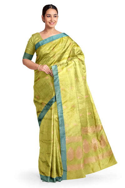 Banarasi katan pure silk saree in mehndi green  with stripes & floral motifs in gold.