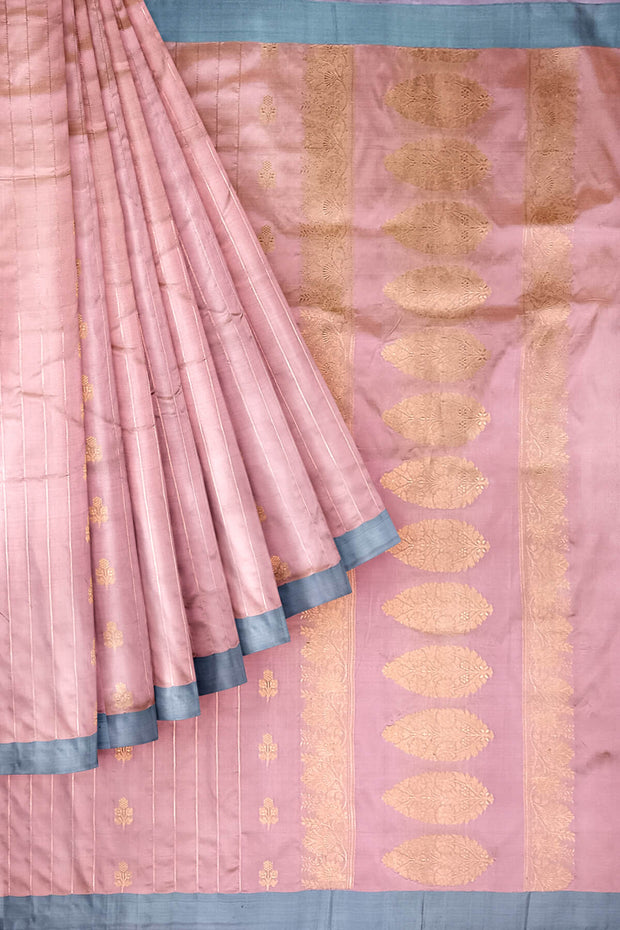 Banarasi katan pure silk saree in pink  with stripes & floral motifs in gold.