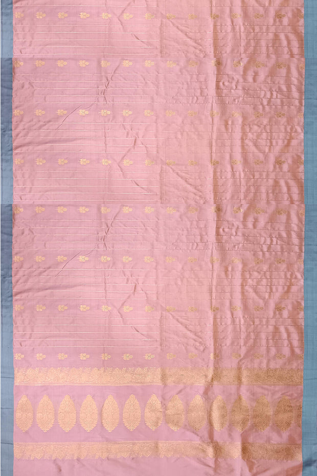 Banarasi katan pure silk saree in pink  with stripes & floral motifs in gold.