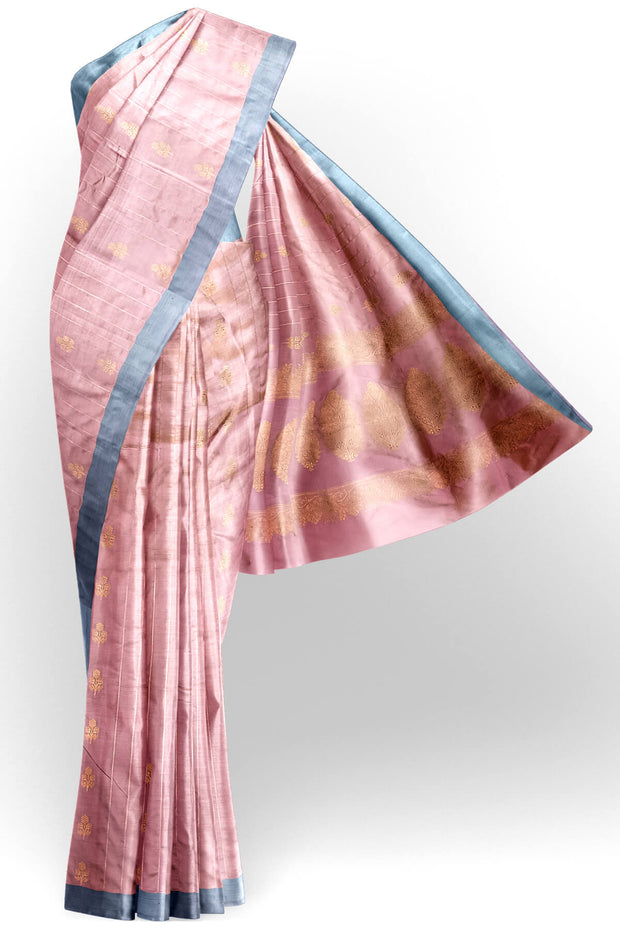 Banarasi katan pure silk saree in pink  with stripes & floral motifs in gold.