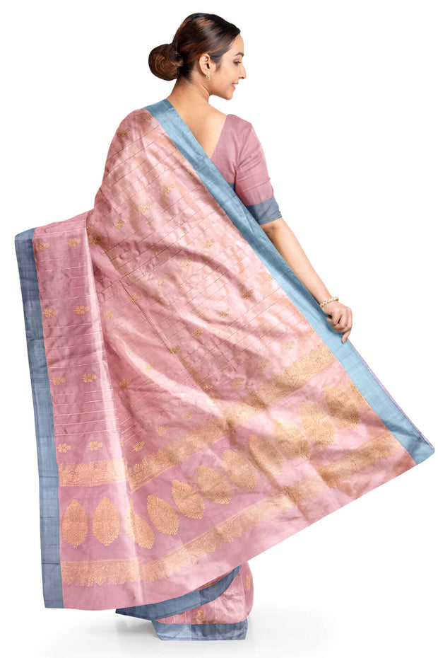 Banarasi katan pure silk saree in pink  with stripes & floral motifs in gold.