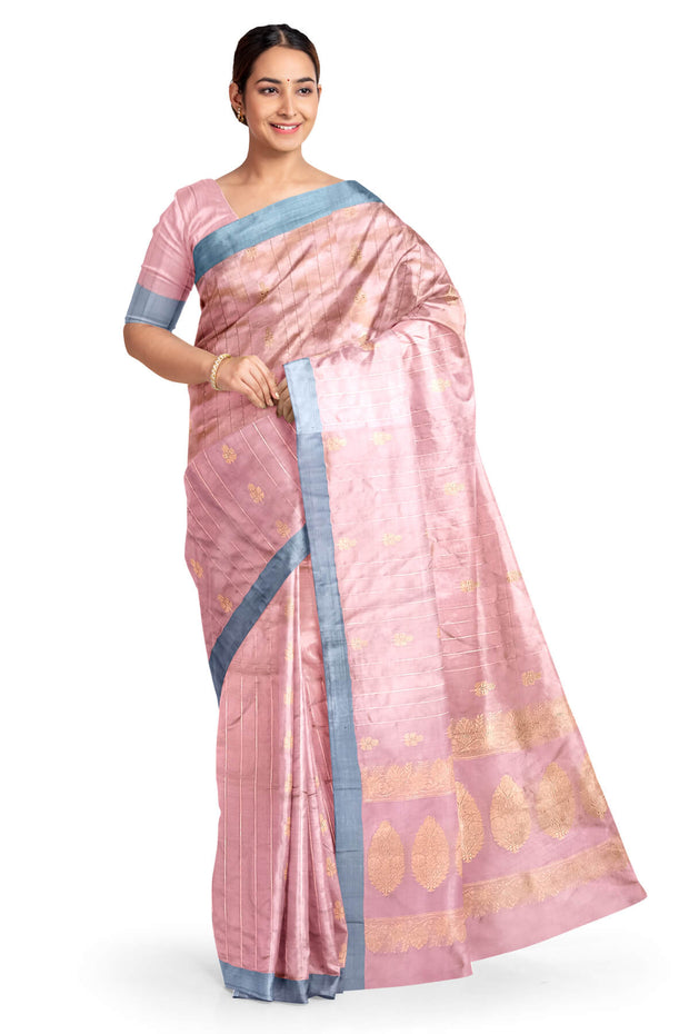 Banarasi katan pure silk saree in pink  with stripes & floral motifs in gold.