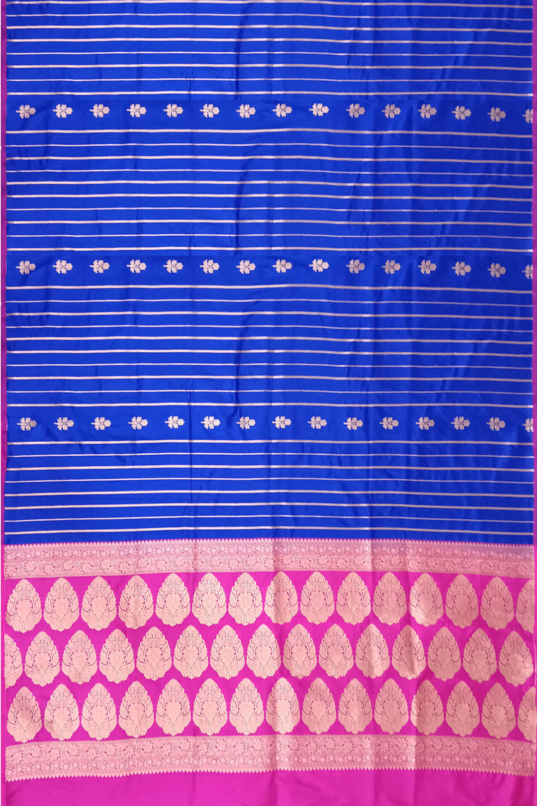Banarasi katan pure silk saree in royal blue with stripes & floral motifs in gold.