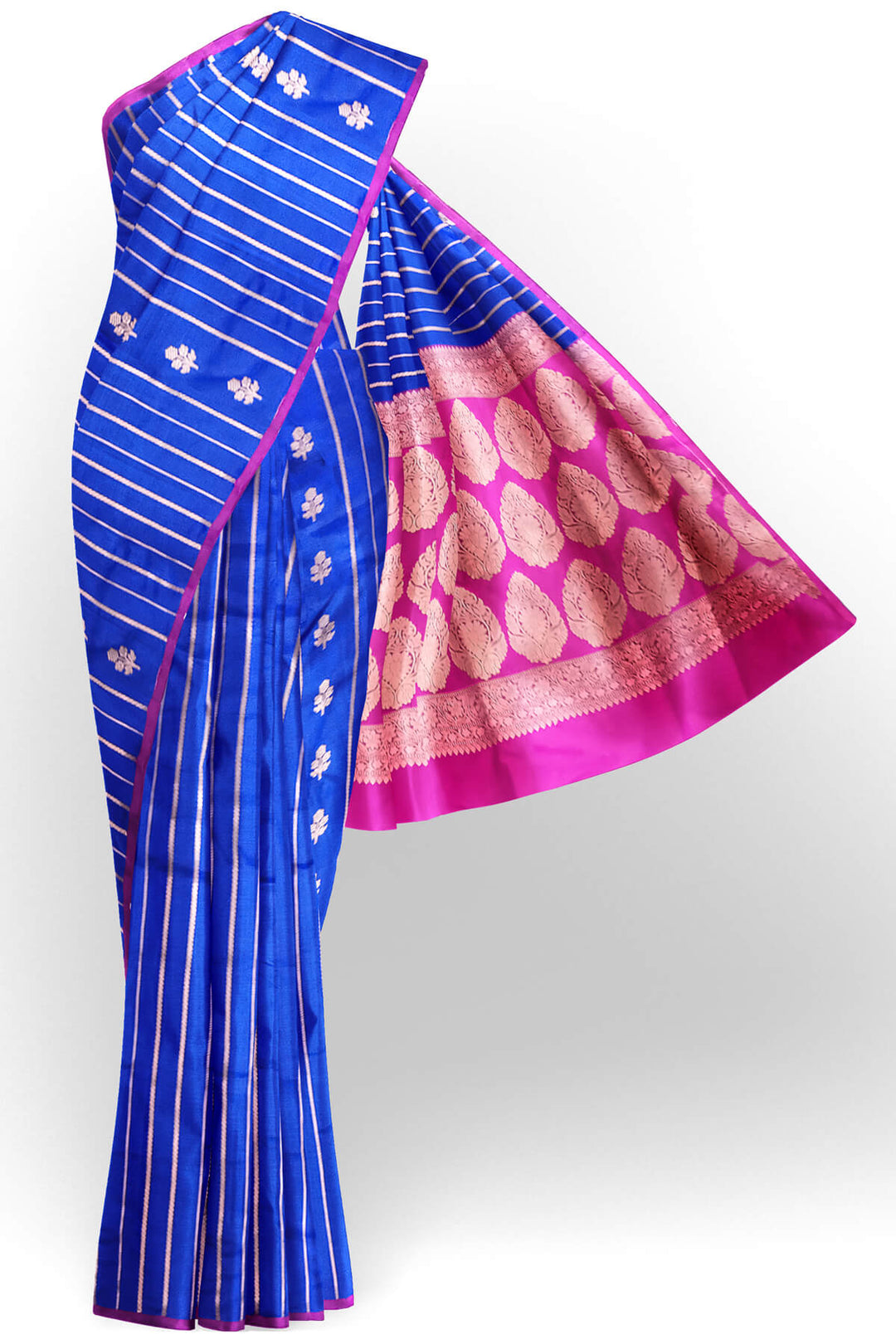 Banarasi katan pure silk saree in royal blue with stripes & floral motifs in gold.