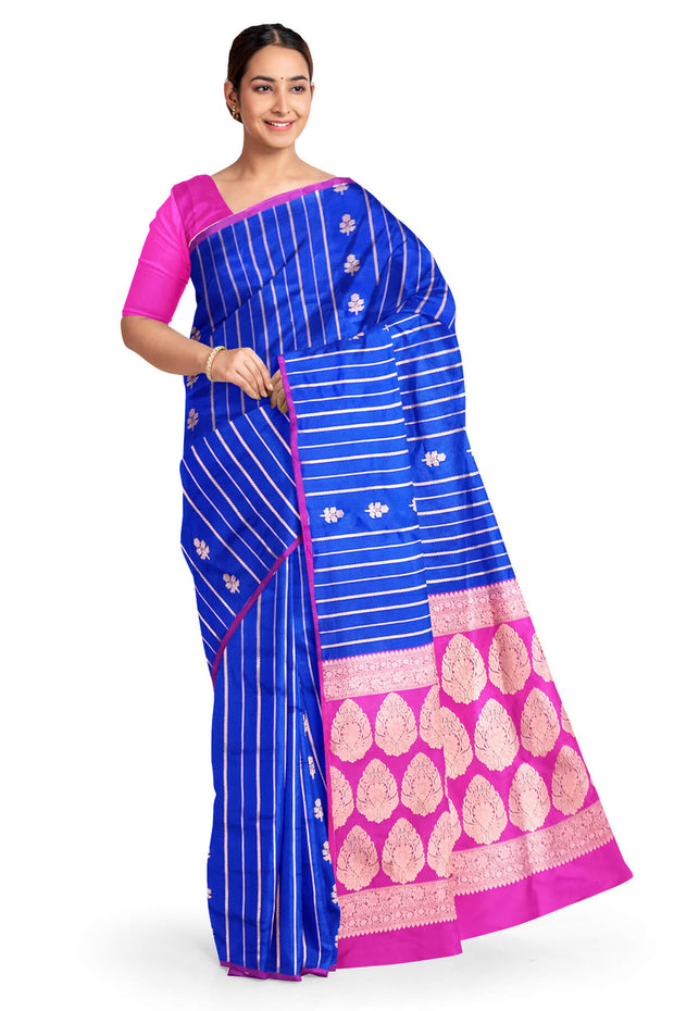 Banarasi katan pure silk saree in royal blue with stripes & floral motifs in gold.
