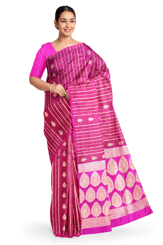 Banarasi katan pure silk saree in double shaded purple with stripes & floral motifs in gold.