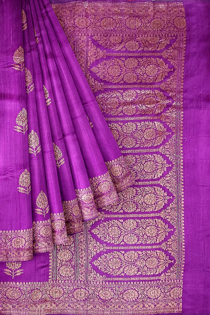 Handloom Banarasi pure silk saree in purple in dupion finish with floral motifs