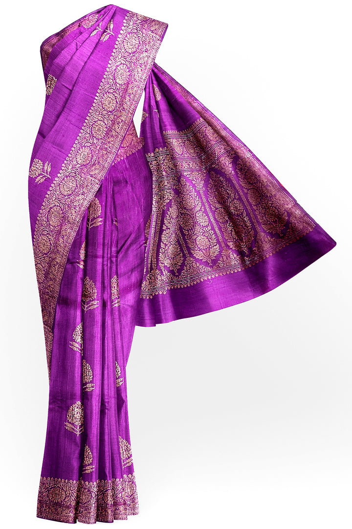 Handloom Banarasi pure silk saree in purple in dupion finish with floral motifs