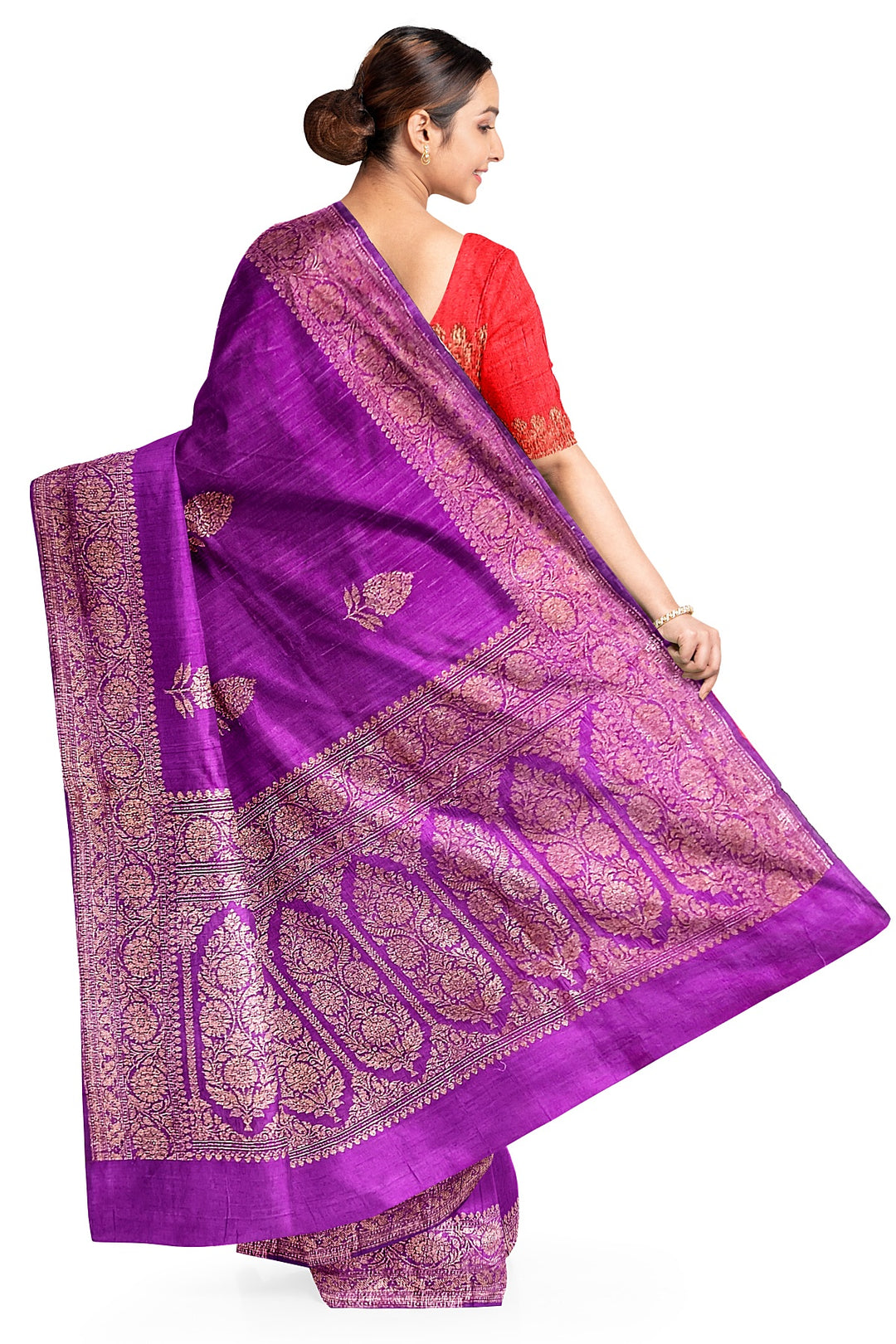 Handloom Banarasi pure silk saree in purple in dupion finish with floral motifs