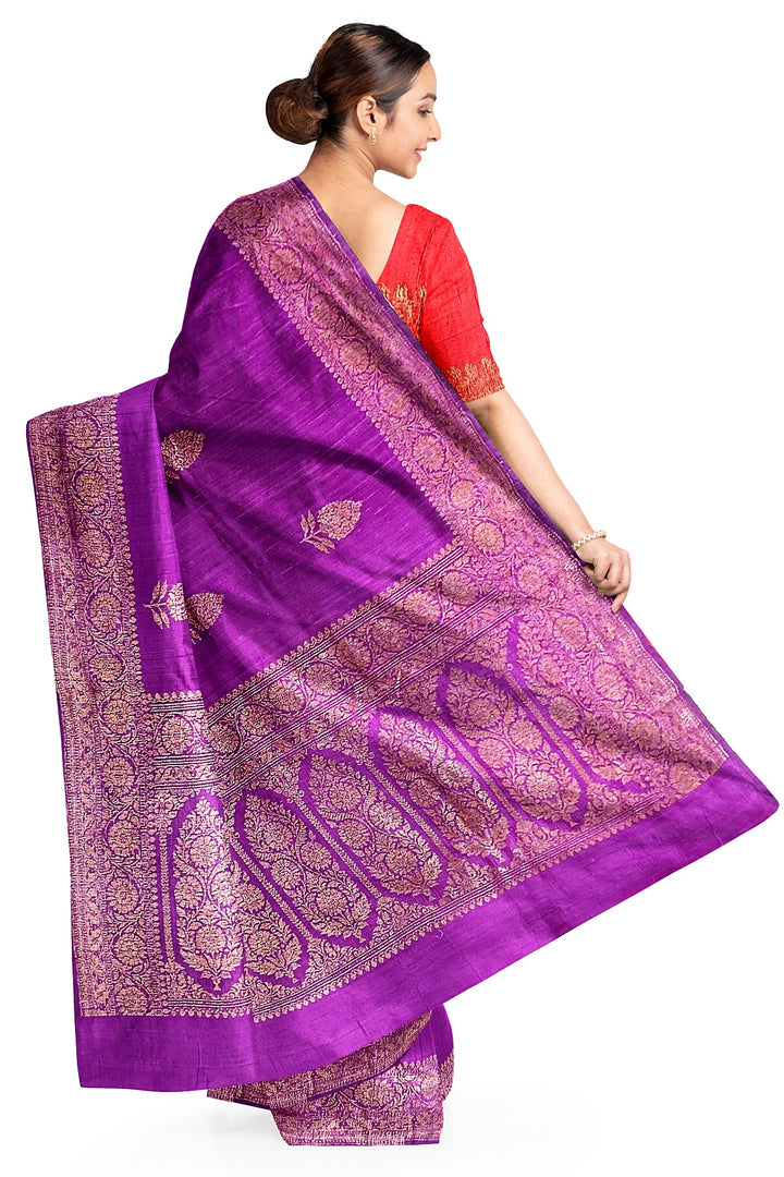 Handloom Banarasi pure silk saree in purple in dupion finish with floral motifs
