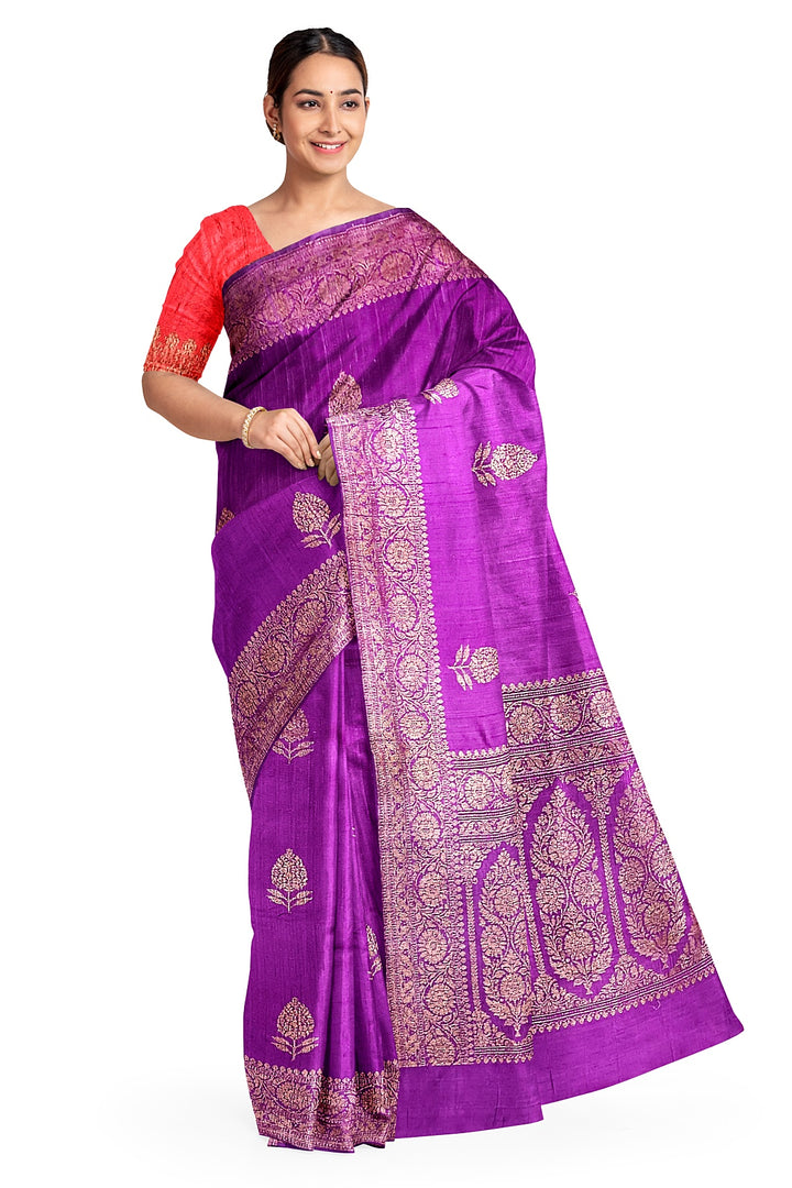Handloom Banarasi pure silk saree in purple in dupion finish with floral motifs