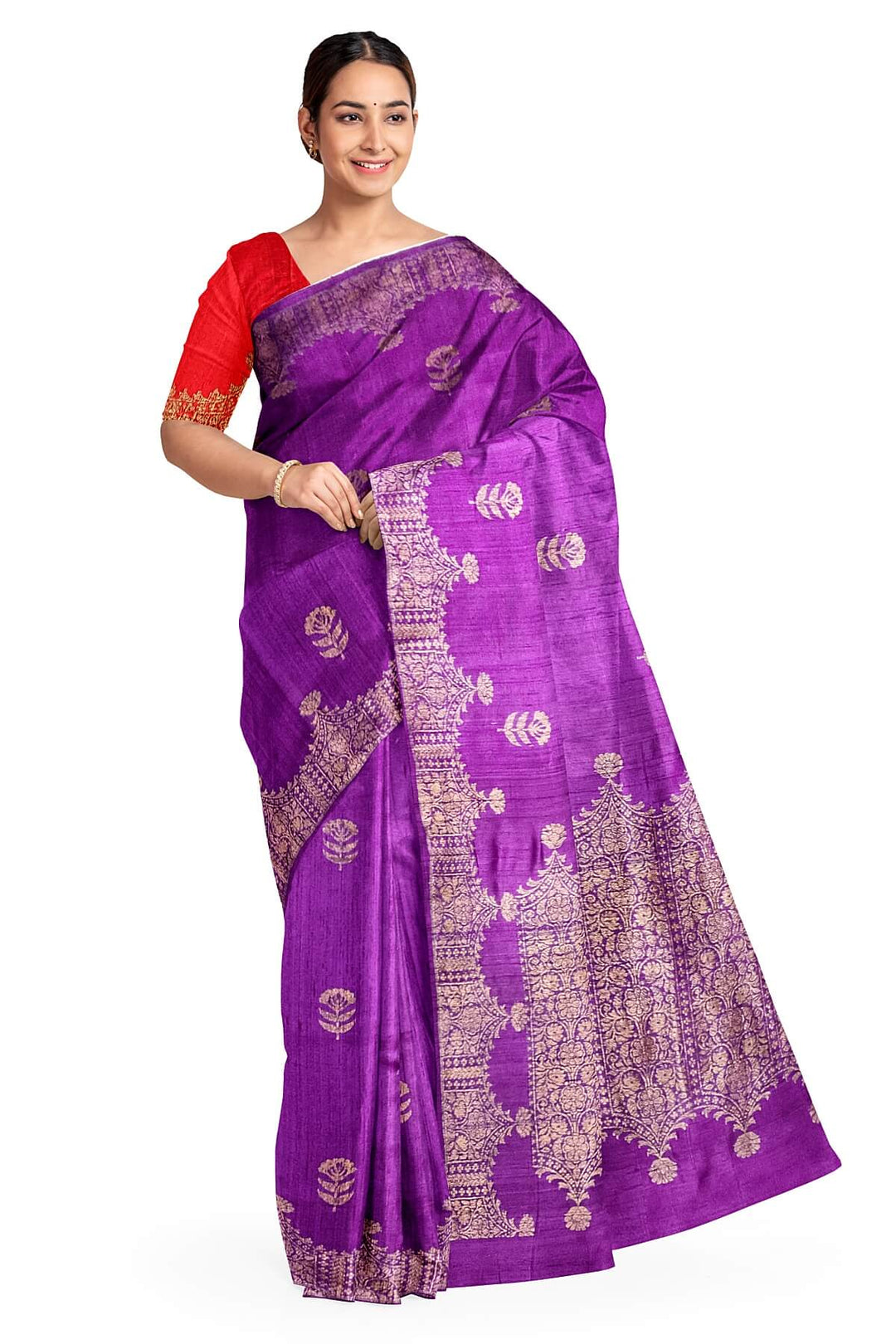 Handloom Banarasi katan pure silk saree in purple in dupion finish with floral motifs