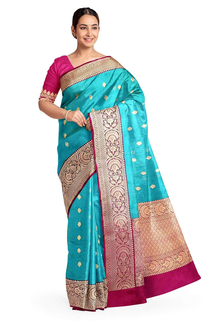 Banarasi kora katan pure silk saree in pool blue