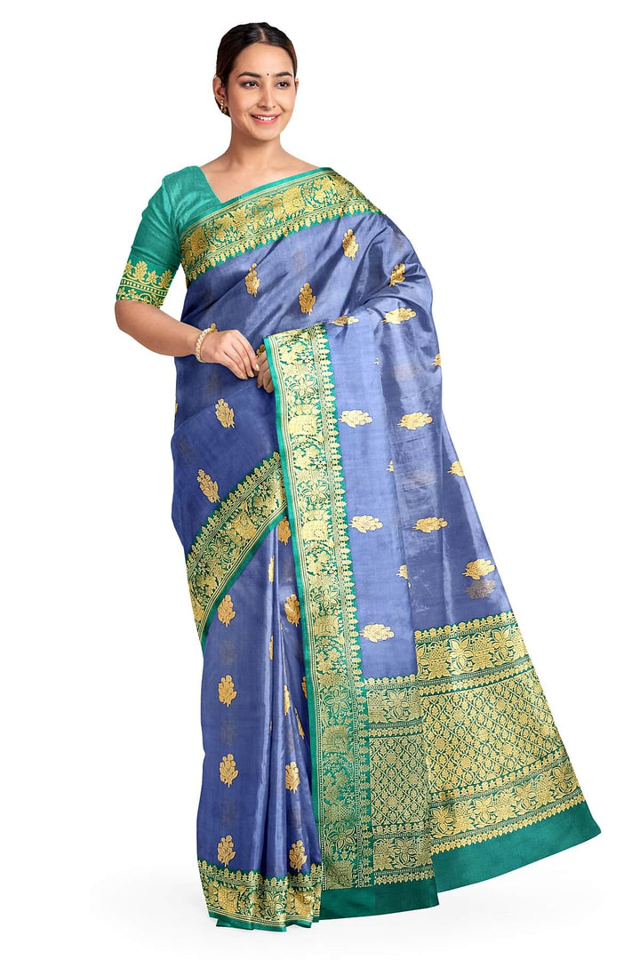 Banarasi kora katan pure silk saree in steel blue