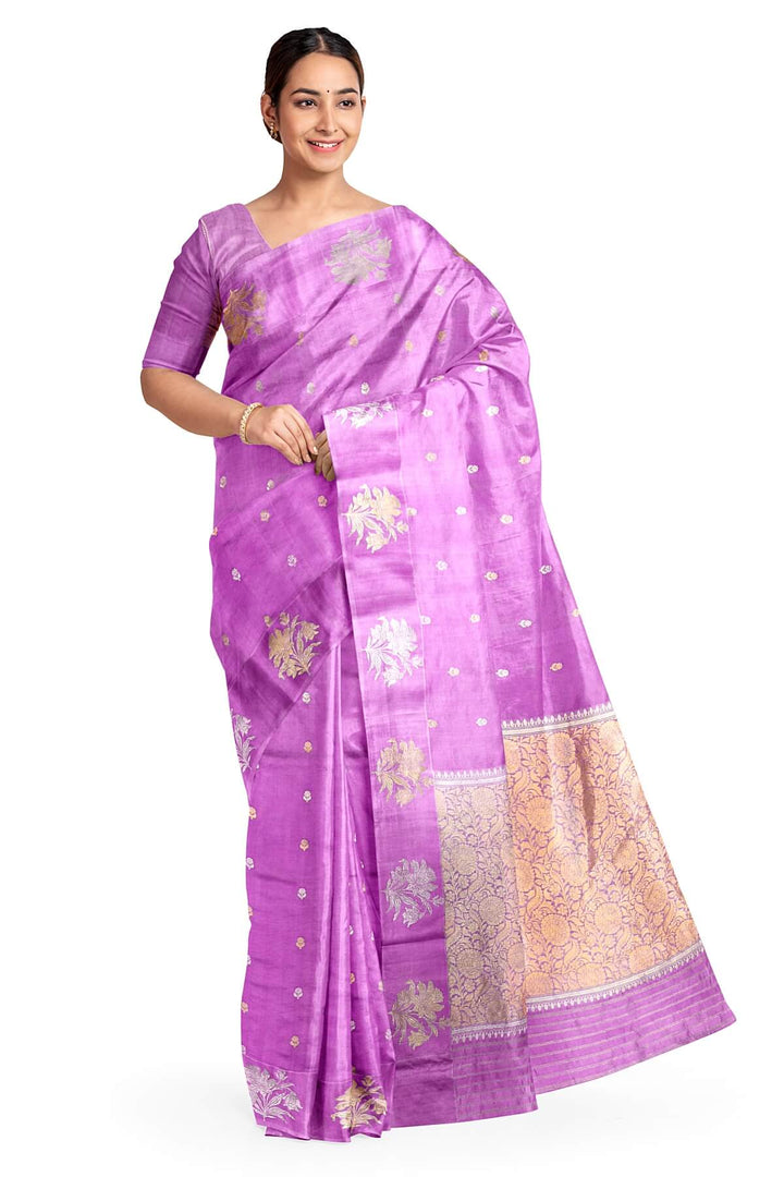 Banarasi pure silk saree in lavender with small motifs  in gold & silver