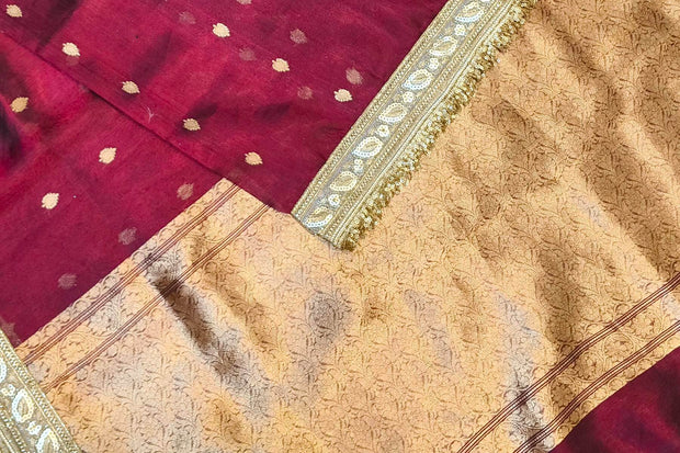 Handloom Banarasi silk tissue saree in  burgundy