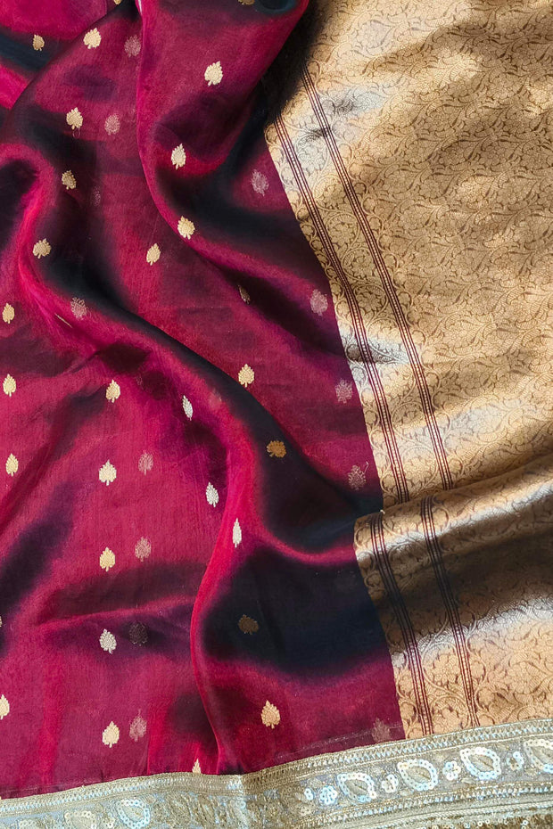 Handloom Banarasi silk tissue saree in  burgundy