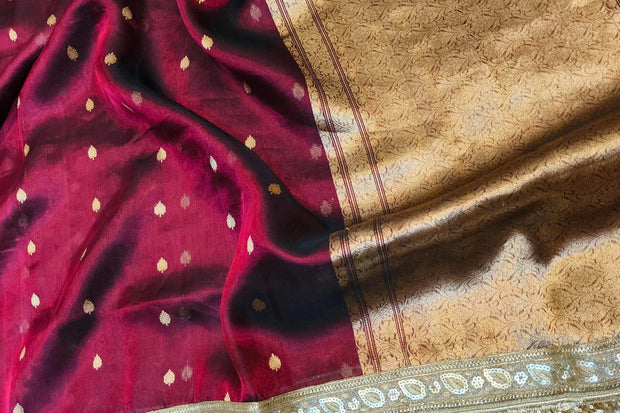 Handloom Banarasi silk tissue saree in  burgundy