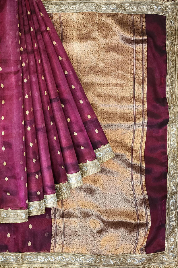 Handloom Banarasi silk tissue saree in  burgundy
