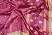 Handloom Banarasi silk tissue saree in wine with floral motifs