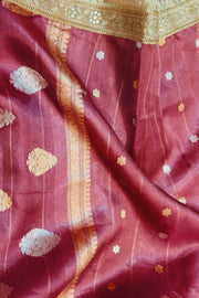 Handloom Banarasi silk tissue saree in wine with floral motifs