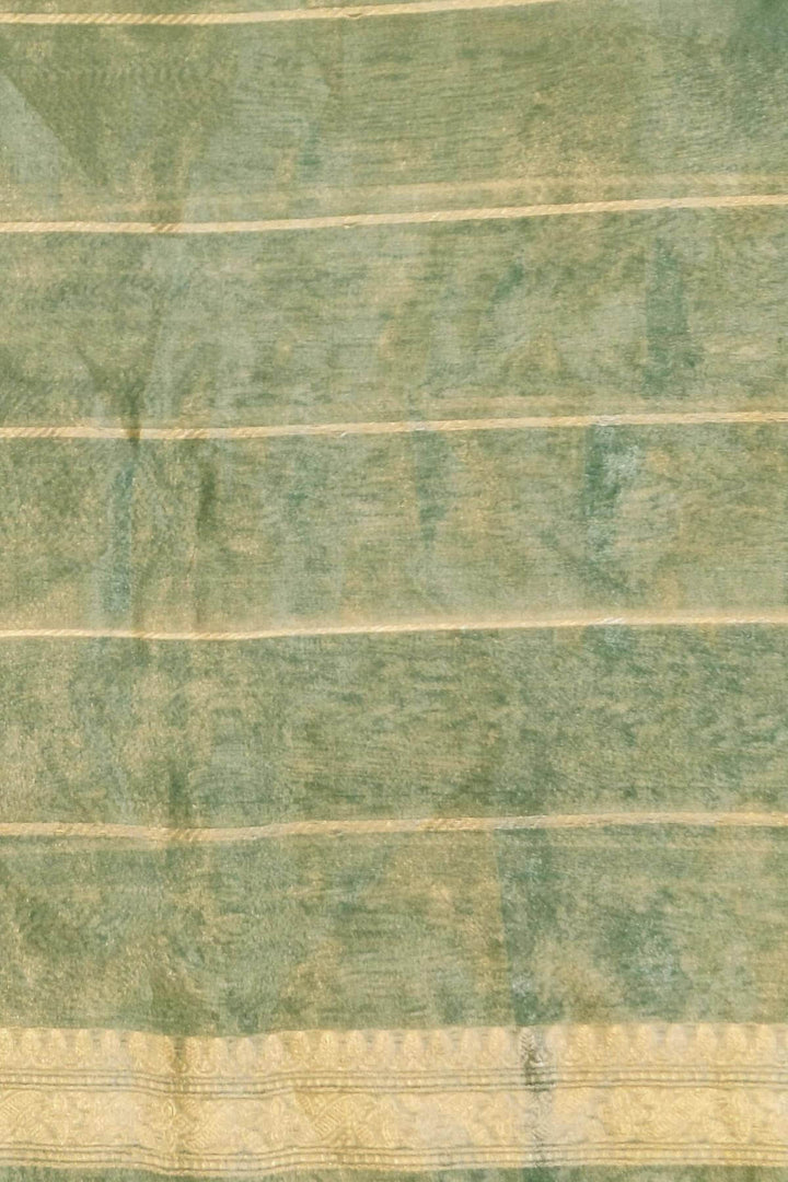 Handloom Banarasi silk tissue saree in sage green with floral motifs