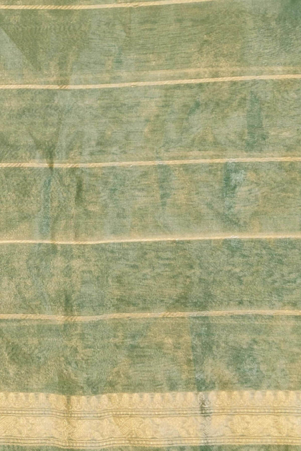 Handloom Banarasi silk tissue saree in sage green with floral motifs