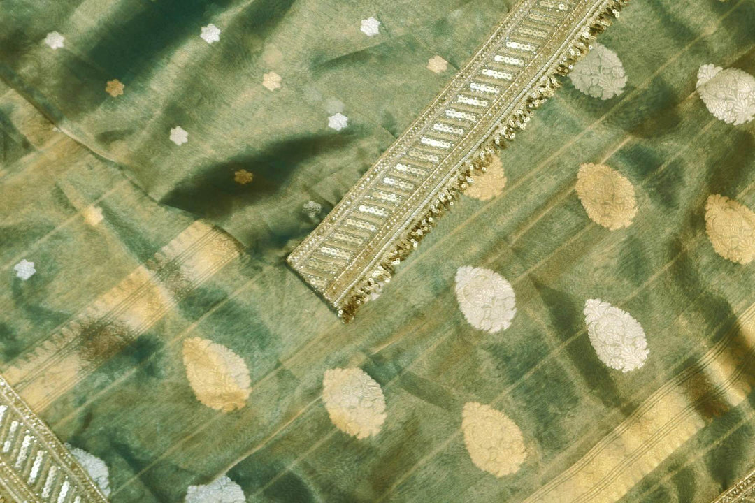 Handloom Banarasi silk tissue saree in sage green with floral motifs