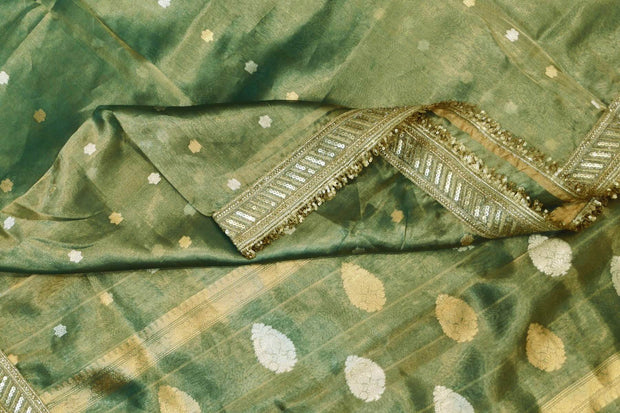 Handloom Banarasi silk tissue saree in sage green with floral motifs
