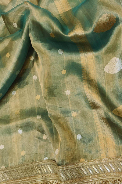 Handloom Banarasi silk tissue saree in sage green with floral motifs