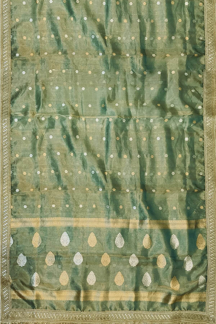 Handloom Banarasi silk tissue saree in sage green with floral motifs