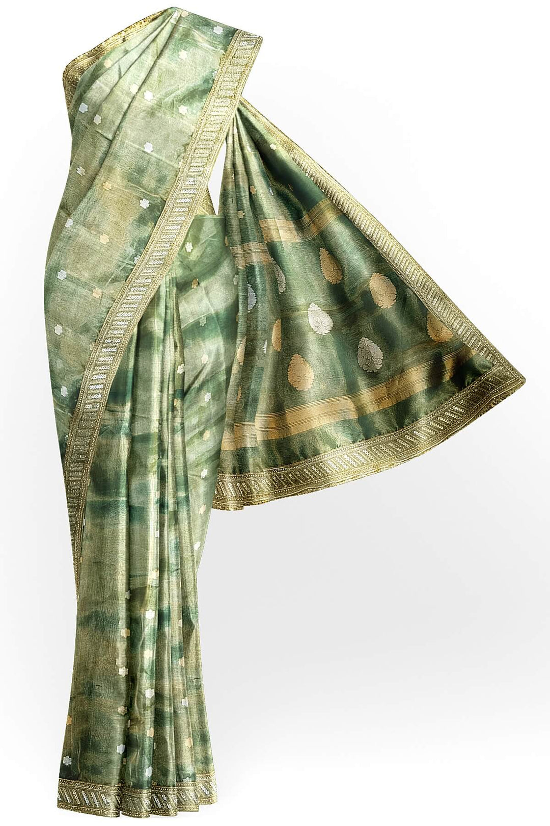 Handloom Banarasi silk tissue saree in sage green with floral motifs