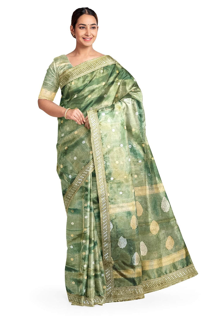 Handloom Banarasi silk tissue saree in sage green with floral motifs