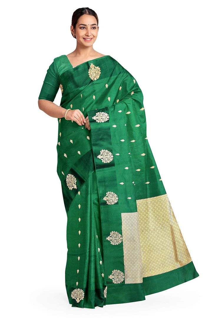 Banarasi  katan pure silk saree in bottle green