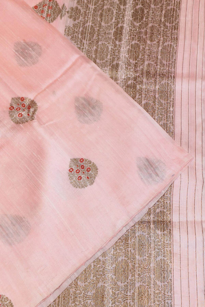 Handloom Katan pure silk saree in baby pink in dupioni finish with meena work .