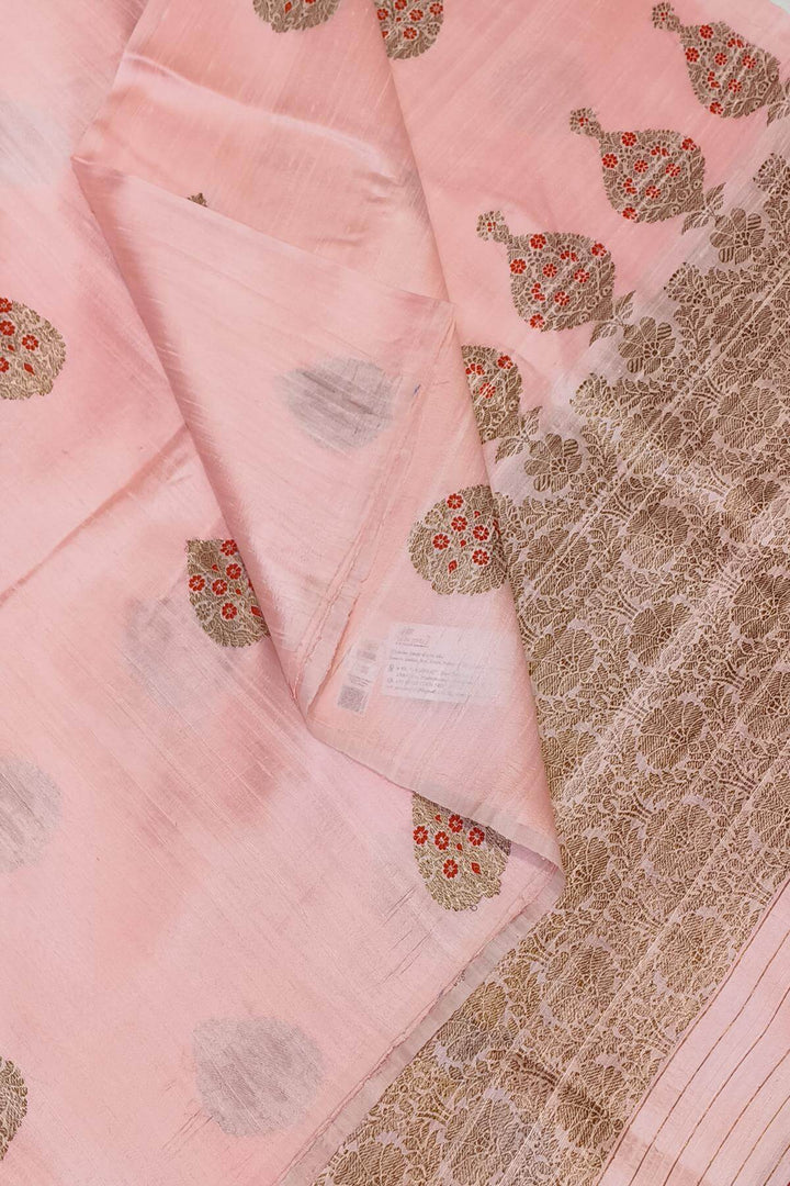 Handloom Katan pure silk saree in baby pink in dupioni finish with meena work .