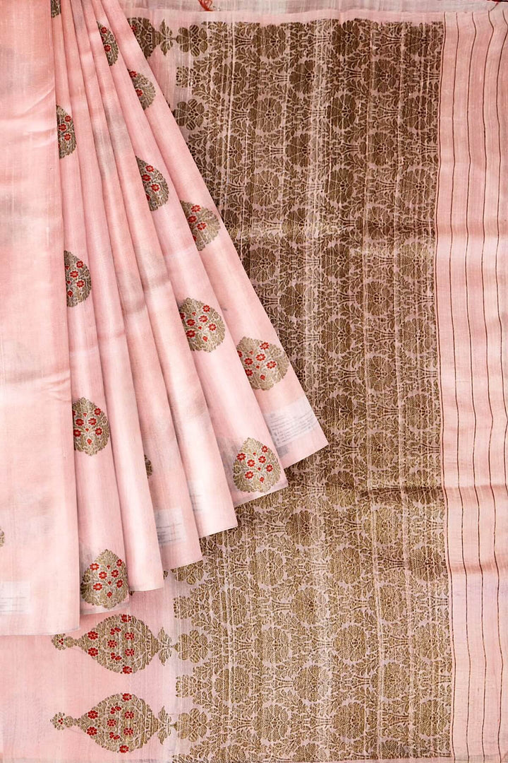 Handloom Katan pure silk saree in baby pink in dupioni finish with meena work .