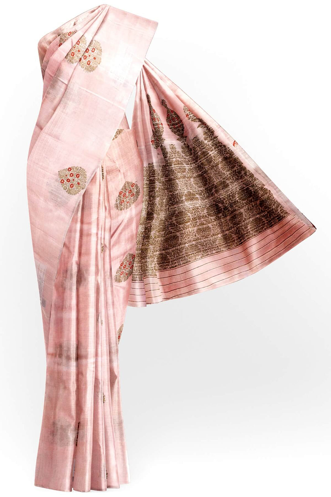 Handloom Katan pure silk saree in baby pink in dupioni finish with meena work .